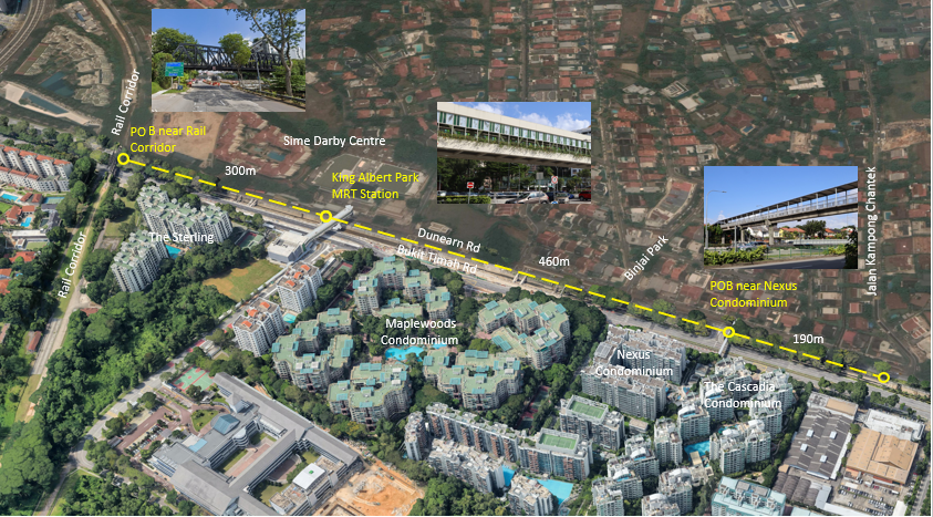 Annotated map showing condominiums and pedestrian overhead bridges near King Albert Park MRT Station and Rail Corridor in Singapore.